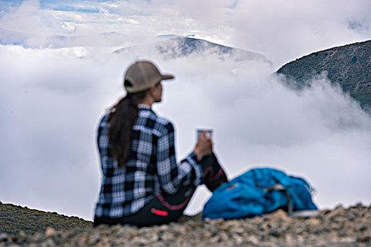 美女,看,山