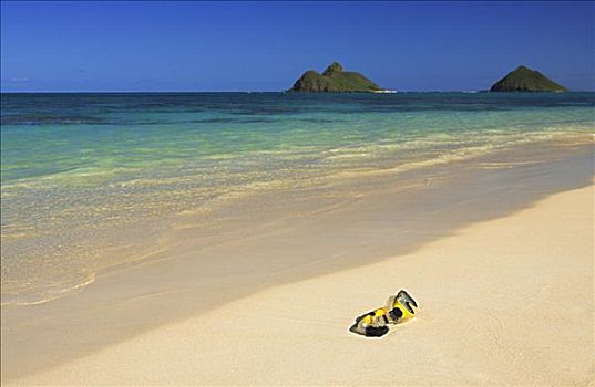 夏威夷,瓦胡岛,通气管,面具,休息,沙,热带沙滩,背景