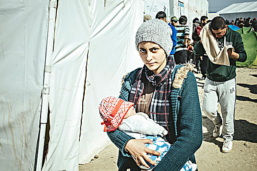 难民,露营,希腊,马其顿,边界,母亲,婴儿,中马其顿,欧洲