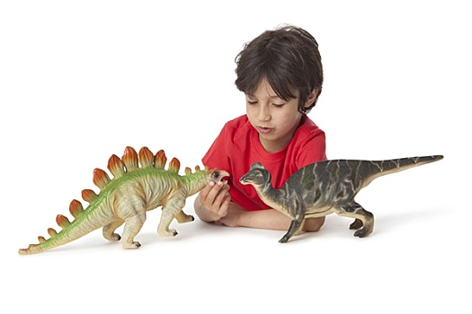 小男孩,玩,两个,玩具,恐龙
