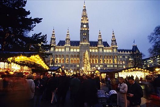 光亮,市政厅,建筑,圣诞装饰,晚间,维也纳,奥地利,欧洲