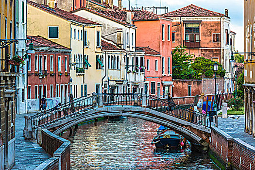 石头,步行桥,铁,栏杆,穿过,运河,亮光,威尼斯,意大利