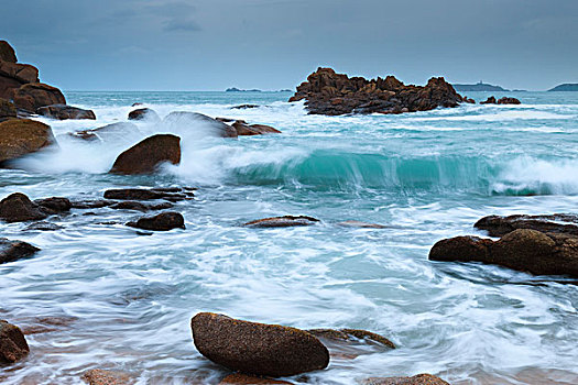 岩石,海岸线,花冈岩,玫瑰,布列塔尼,法国