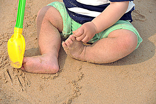 脚,小男孩,海滩