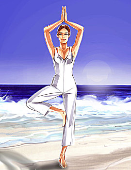 女人,穿,白色,运动衣,练习,瑜珈,海洋