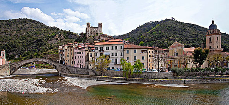 中世纪,乡村,城堡,石头,桥,上方,河,因佩里亚,省,里维埃拉,利古里亚,意大利,欧洲