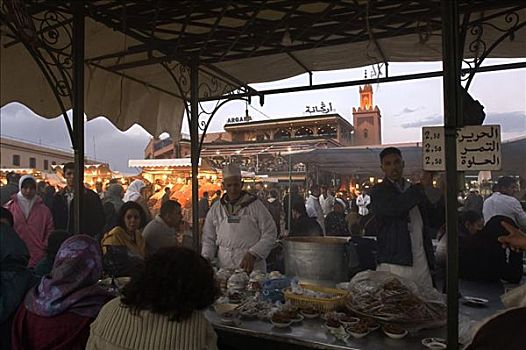 人,吃饭,食物,货摊,玛拉喀什,摩洛哥