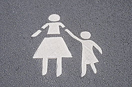 母子,小路,交通标志,象形图,标记,街道,沥青,北莱茵-威斯特伐利亚,德国,欧洲