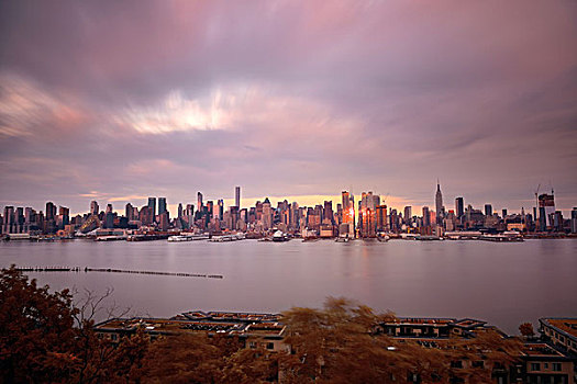 曼哈顿,市中心,摩天大楼,纽约,天际线,日落