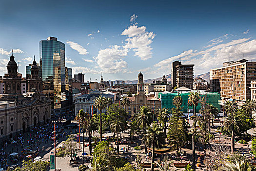 智利,圣地亚哥,广场,阿玛斯,城市教堂,俯视图