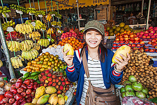 柬埔寨,收获,市场一景,水果摊