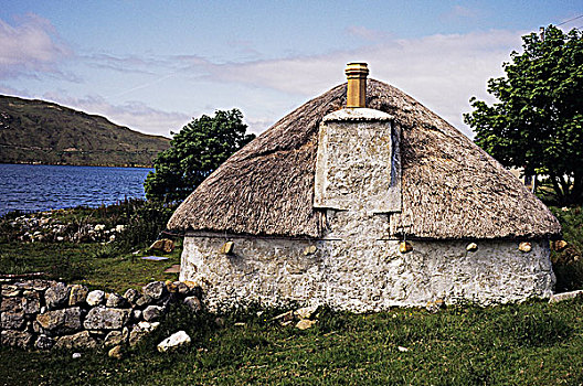 英国,苏格兰,高地,湖,茅草屋顶,房子
