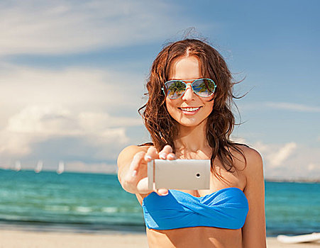 休假,海滩,概念,美女,比基尼,墨镜,智能手机