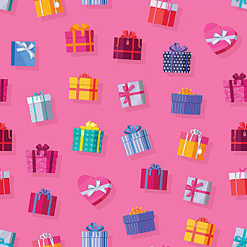 无缝,图案,礼盒,彩色,包装,漂亮,礼物,盒子,压制,蝴蝶结,多样,粉色背景,象征,圣诞礼物,矢量,插画