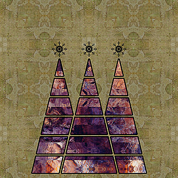 艺术,三个,圣诞树,紫色,橙色,彩色,抽象图案,米色,旧式,图案,背景