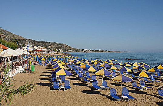 伞,太阳椅,海滩,克里特岛,希腊,欧洲