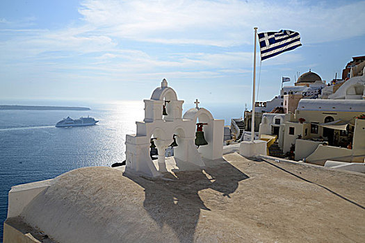 钟楼,希腊国旗,锡拉岛,基克拉迪群岛,爱琴海,希腊,欧洲