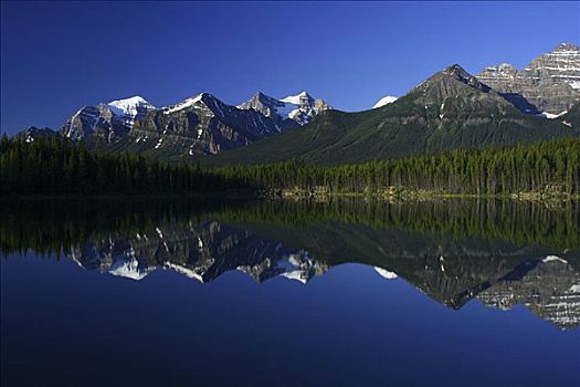 反射,山峦,水中,湖,班芙国家公园,艾伯塔省,加拿大