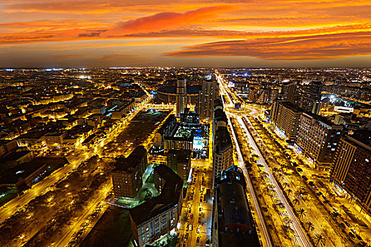 瓦伦西亚,城市天际线,日落,光亮,俯视,西班牙