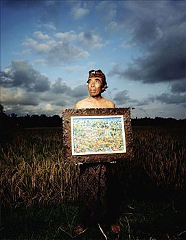 印度尼西亚,巴厘岛,艺术家,拿着,绘画,稻田