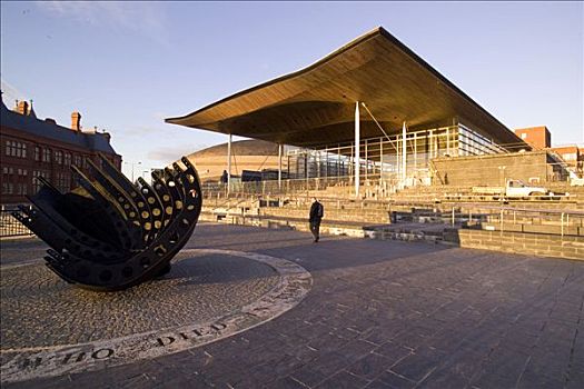 威尔士国民议会,正面,展示,建筑,雕塑