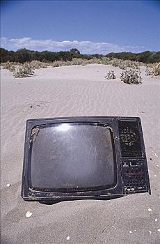 老,电视,沙子,海滩,垃圾,岛屿,意大利,欧洲