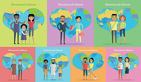 国际关系,旗帜,人,背景,球体,心形,多种族,家庭,孩子,国际,友谊,混合,愉悦,矢量,插画,风格
