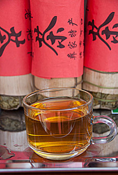 绿茶,茶杯,压缩,茶,叶子,包着,红色,带,中国,文字,城市,云南,共和国,东南亚,亚洲