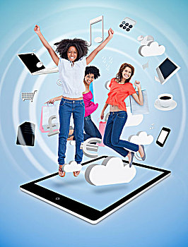三个,可爱,女人,跳跃,平板电脑,数码,蓝色背景