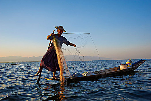 捕鱼,茵莱湖,缅甸,亚洲