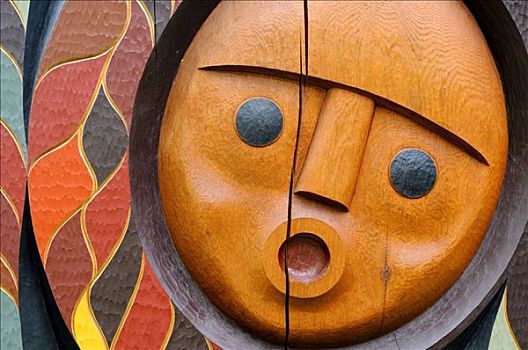 脸,雕刻,一个,图腾柱,史坦利公园,温哥华,不列颠哥伦比亚省,加拿大,北美