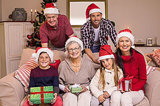头像,高兴,大家庭,圣诞帽,拿着,礼物