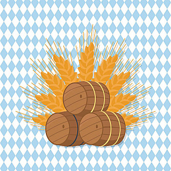 矢量,插画,啤酒,桶,三个,不同,耳,小麦,方格,背景,象征,十月节