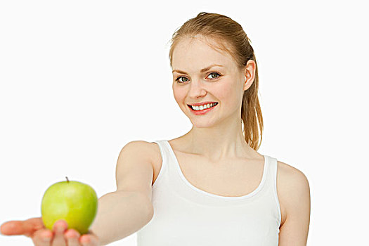女人,微笑,拿着,苹果,白色背景