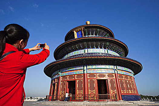 中国,北京,天坛,女孩,照相,祈年殿,收获