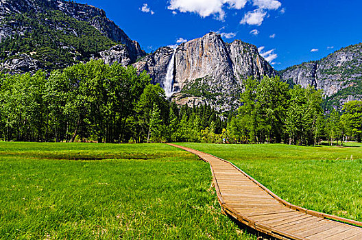 木板路,草地,优胜美地瀑布,加利福尼亚,美国