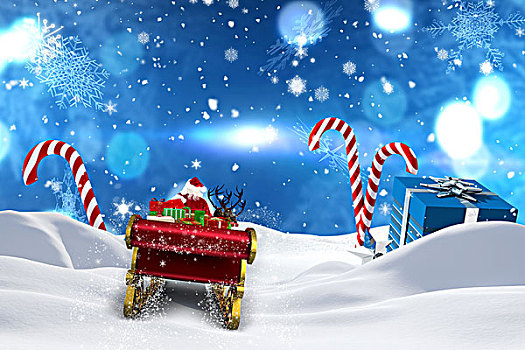 合成效果,图像,圣诞老人,飞,雪撬,圣诞节,场景,礼物,拐棍糖