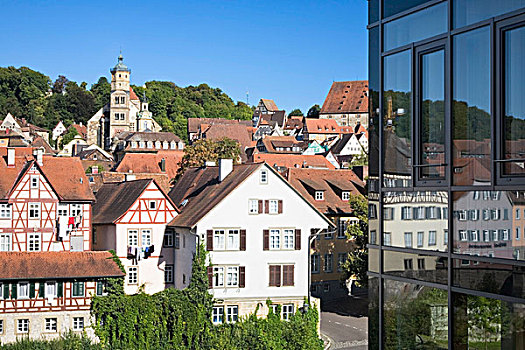 老城,反射,玻璃幕墙,现代建筑,巴登符腾堡,德国,欧洲