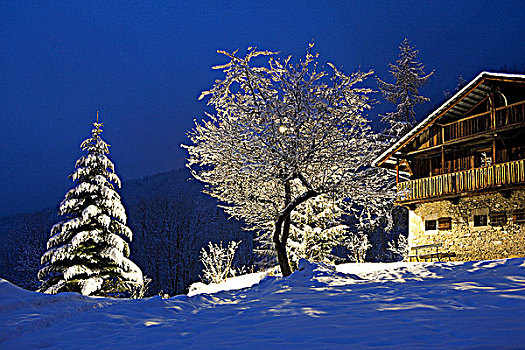法国,阿尔卑斯山,上萨瓦省,下雪,木房子,夜晚