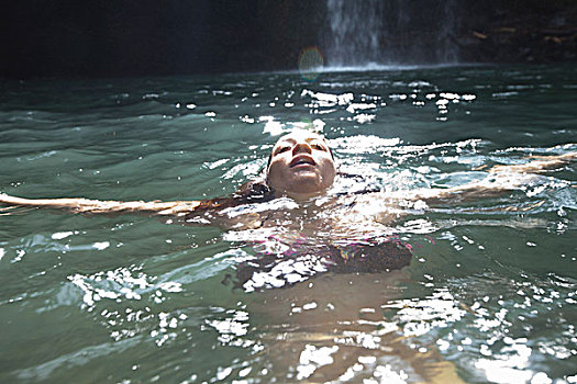 女人,游泳,瀑布,背景