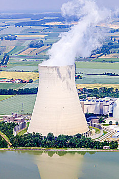 航拍,核能,工厂,伊萨河,反应堆,建筑,冷却塔,河,巴伐利亚,德国,欧洲