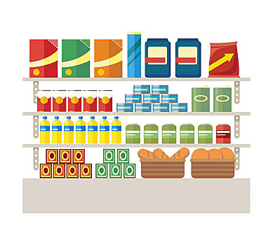 超市,杂货店,零售,店,买,产品,架子,购买,食物,销售,手推车,品种,室内,大卖场,局部,市场,矢量,插画