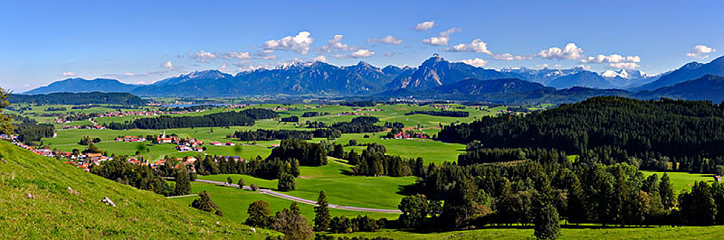 全景,城堡山,靠近,阿尔卑斯山,斯瓦比亚,巴伐利亚,德国,欧洲
