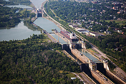俯视,运河,船,序列,锁,托罗尔德,安大略省,加拿大