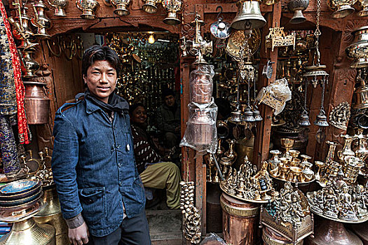 店,黄铜,商品,纪念品,老城,加德满都,尼泊尔,亚洲