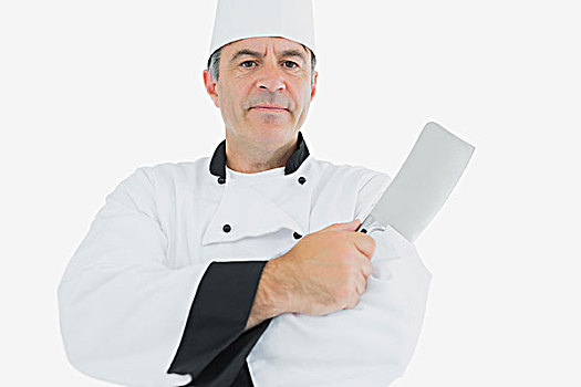 头像,自信,厨师,拿着,肉,刀具,上方,白色背景