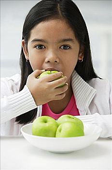 女孩,吃,青苹果