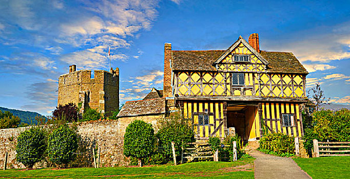 半木结构,大门,房子,牢固,中世纪,庄园,英格兰,建造,城堡,什罗普郡,英国,欧洲