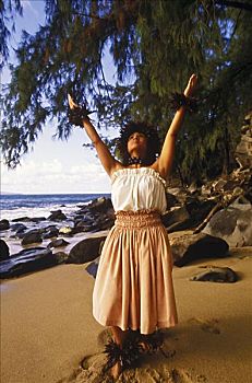 草裙舞,站立,抬臂,海滩,夏威夷,美国