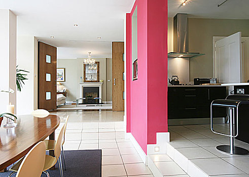 粉色,墙壁,分开,厨房,就餐区,现代,公寓